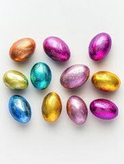 Obraz premium Chocolate easter eggs in colorful foil on white background