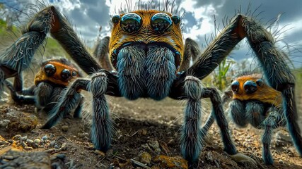 Experience the captivating movement of a family of tarantula spiders in their natural environment. The low angle showcases their intricate details and vibrant colors under the clear sky.