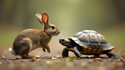 Adorable Rabbit Interacting with a Tortoise on a Forest Path