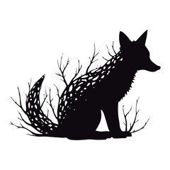 Cute silhouette fox branches black vector illustration
