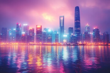 Fototapeta premium Vibrant city skyline at dusk with reflections on water and illuminated buildings