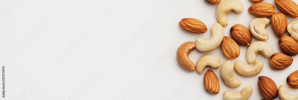 Poster Cashews and almonds creating a visually appealing arrangement on a pristine white backdrop, offering a nutritious and delicious snack option