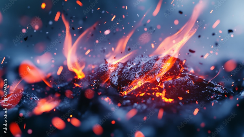 Poster Glowing embers burning with intense heat create a mesmerizing display of light and sparks flying in the air, evoking warmth, danger, and transformation