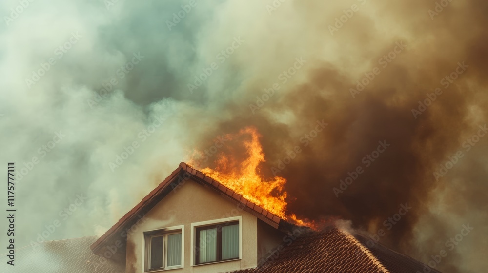 Aufkleber intense flames and thick smoke billowing from the roof of a residential house during a devastating f