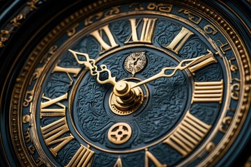 Fototapeta premium Intricate vintage clock design showcasing ornate details and Roman numerals in a close-up view under soft lighting