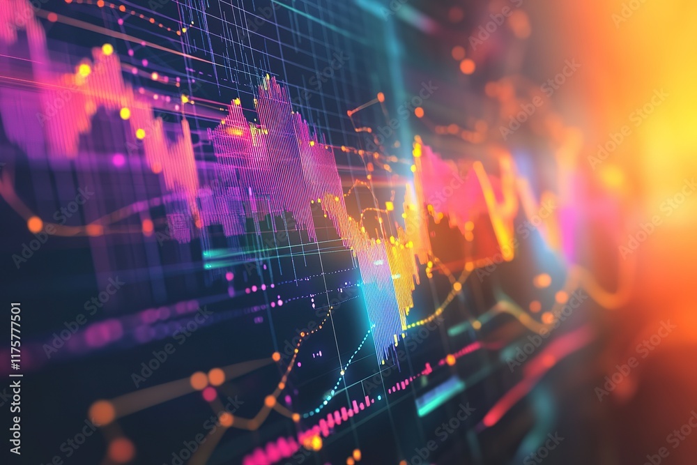 Poster vibrant data visualization, dynamic graphs and charts on screen.