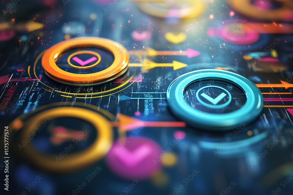 Poster abstract digital interface with checkmarks and arrows.