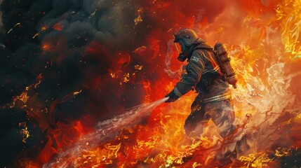 A firefighter bravely battles a raging inferno, demonstrating courage and resilience amidst a scene of intense heat and danger.