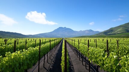 Naklejka premium Lush vineyard landscape with mountains under a clear blue sky.
