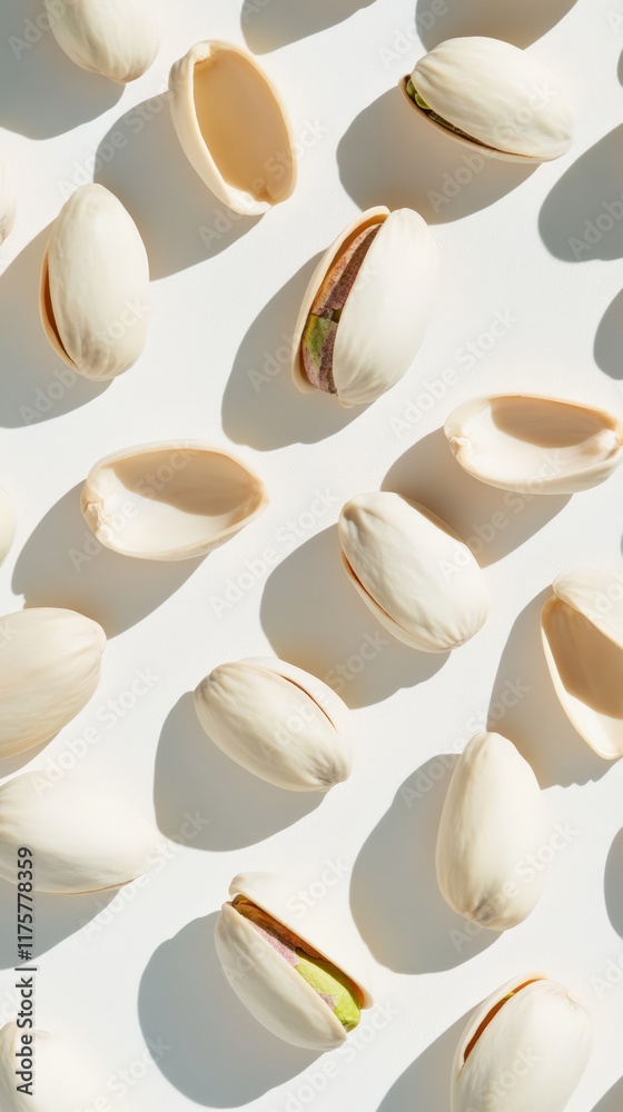 Aufkleber Pistachio nuts and shells levitating over a white surface create a captivating pattern, casting shadows that enhance their texture and form
