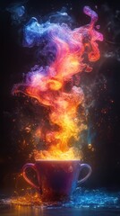 A vibrant, swirling mix of colorful smoke and flames emerges from a cup, symbolizing creativity.