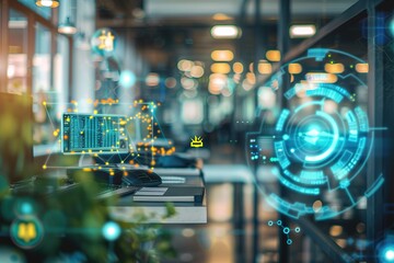 Modern office with futuristic digital overlays on computers.