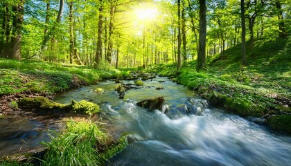 the flowing creek in the forest on a sunny day