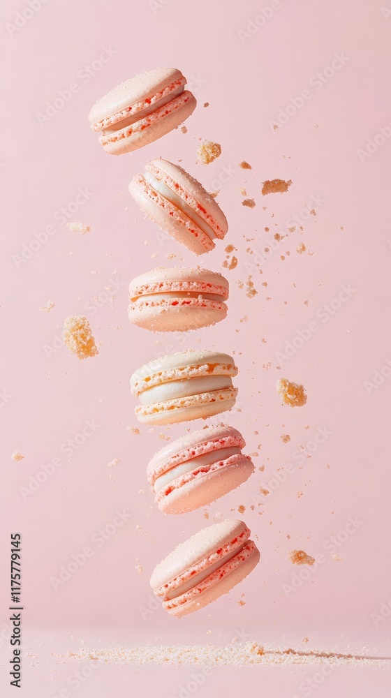Poster six pink macarons are levitating on a pastel pink background, creating a visually appealing arrangem