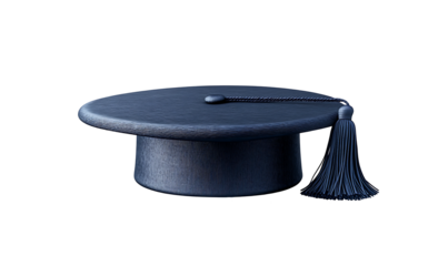 A Navy Blue Graduation Cap With a Black Tassel Resting on a White Background on a Clear PNG
