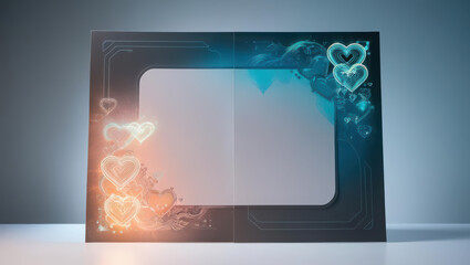 glowing scrapbook page with futuristic heart patterns and holographic animations, set on sleek gradient background with ample copy space