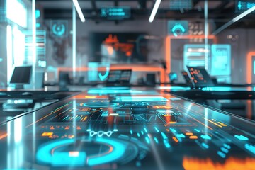 Futuristic workspace with interactive digital displays.