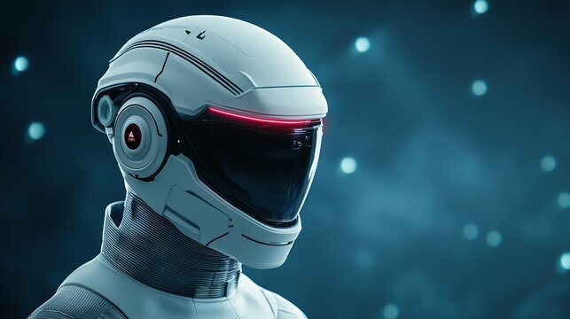 A futuristic robotic helmet with a sleek design, featuring a visor and glowing accents against a dark, starry background.