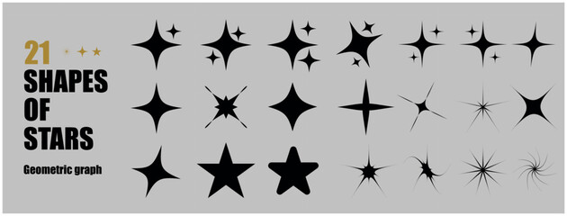 Collection of 21 Geometric Star Shapes Featuring Modern and Minimalist Black Silhouettes with Abstract Designs on a Gray Background for Graphic Design and Digital Art Applications