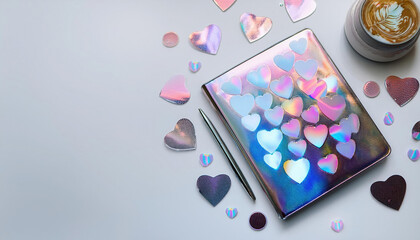 vibrant flat lay showcasing digital scrapbook adorned with holographic heart stickers, surrounded by colorful accents and cozy drink