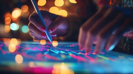 Woman's hands using stylus on tablet displaying vibrant financial graphs at night.