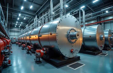 Modern industrial boiler room. Many large gas boilers. Industrial tech equipment. Steel pipes, valves. Modern design. Powerful heat system. High tech heating plant. Energy efficient design. Energy