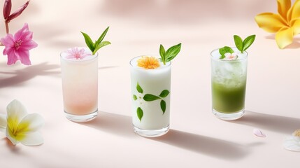 Three colorful drinks garnished with flowers and leaves.