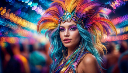 Naklejka premium Woman in a Vibrant Carnival Costume with Colorful Feathers and Lights