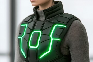 A futuristic vest with glowing green lines, designed for advanced protection, showcasing a sleek, high-tech aesthetic.