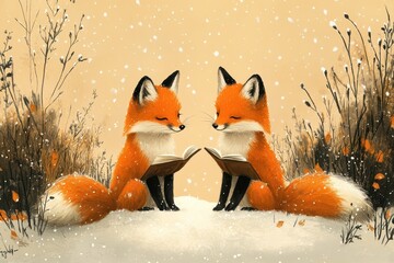 Obraz premium Two foxes reading books in a serene winter landscape with gentle snowfall