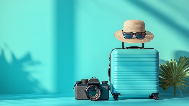 Travel essentials stylish suitcase and camera setup beach vibes
