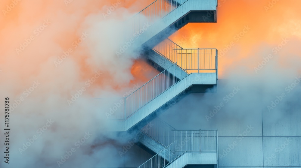 Poster smoke billowing from burning building with emergency stairs, creating a dramatic scene of potential 