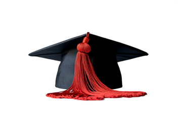 Black graduation cap with red tassel on white background.PNG