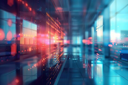 Abstract data center interior with glowing lights and modern design.