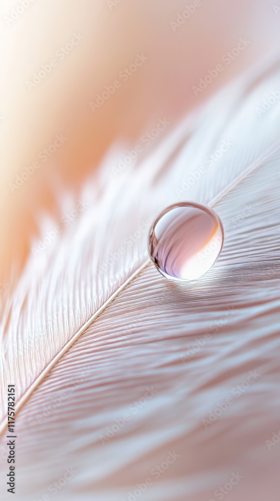 Aufkleber capturing a crystal clear water droplet resting on a delicate white feather, illuminated by soft lig