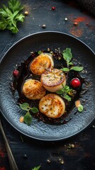 Gourmet Scallops Seared to Perfection on a Black Plate with Rich Sauce and Fresh Green Garnish, Ideal for Culinary Art and Food Presentation