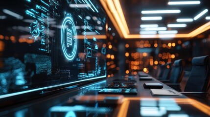 Fototapeta premium Futuristic Tech Control Room: Cybersecurity Interface and Data Visualization on Large Screen Display