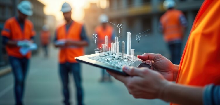 Construction workers use tech to plan building project. Digital twin model of city displayed on tablet. Workers wear safety vests. Modern tech helps construction. Innovation in industry. Building