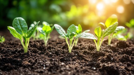 Young spinach plants growing in rich soil, backlit by sunlight.