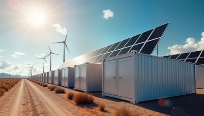 Obraz premium Modern eco energy storage tech plant uses solar, wind power. Container units store energy. Eco-friendly energy solutions. Commercial tech facility for large-scale energy storage. Industrial energy