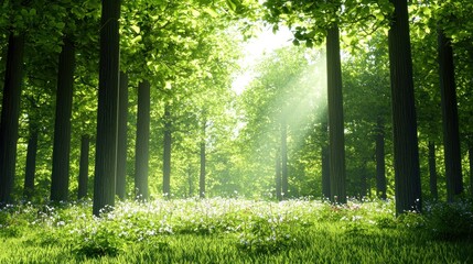 Obraz premium Lush forest with sunlight filtering through trees and flowers.