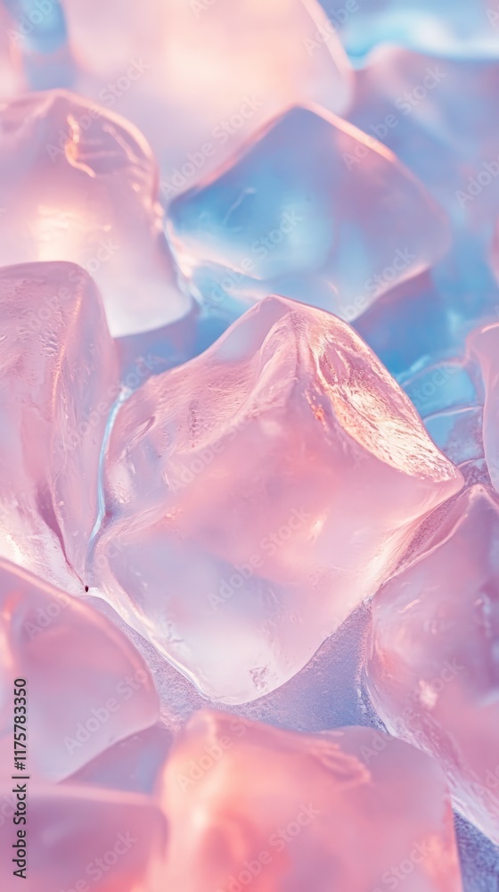 Poster Illuminating melting ice cubes with a pink and blue gradient, creating a refreshing and cold textured surface perfect for summer themed backgrounds