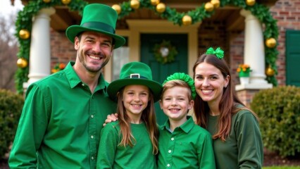 Traditional St. Patrick's Day parade: people in traditional green costumes and leprechaun hats