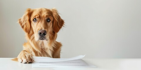 Dog with contract in paws. Golden retriever completing documents at table on white background. Concept photo of business pet presenting contract.