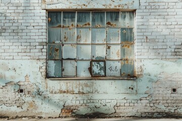 Naklejka premium White brick wall with old wooden window in russian city. Detailed photo textured background