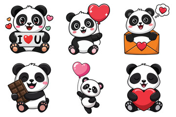 Heartwarming Cartoon Panda Vector Icon Set. Cute, Playful, and Full of Love with Balloons, Chocolates, and Sweet Messages to Melt Hearts.