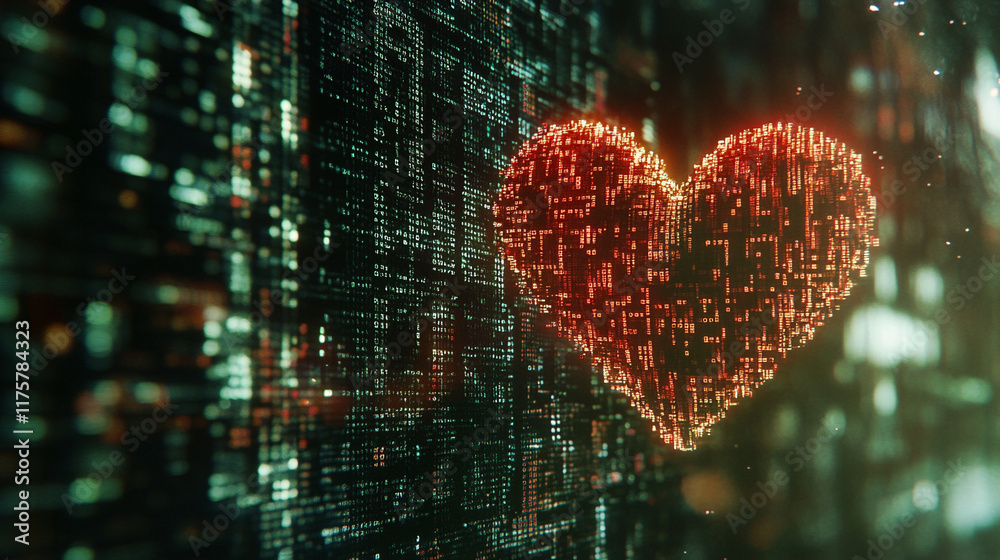 Wall mural a digital representation of binary codes and cyberspace forming heart shapes symbolizing love in fut