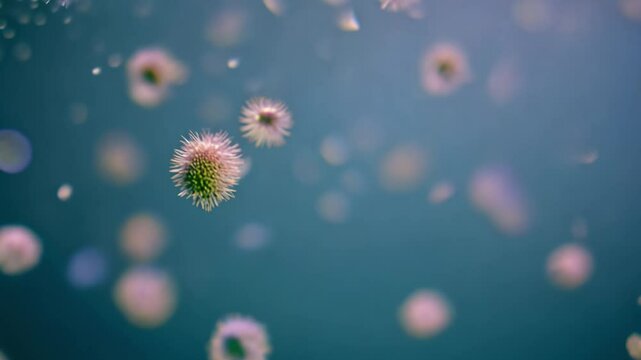 Microscopic burrs floating and releasing seeds on teal background