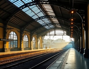 Fototapeta premium Empty train platform in St Petersburg railway station early morning sun shines through arched roof. Sunbeams fall on tracks, platform. Historic station architecture visible through arched windows,