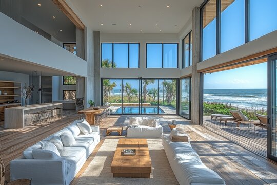 Spacious coastal living room with panoramic ocean views and modern aesthetics in a luxury beachfront property